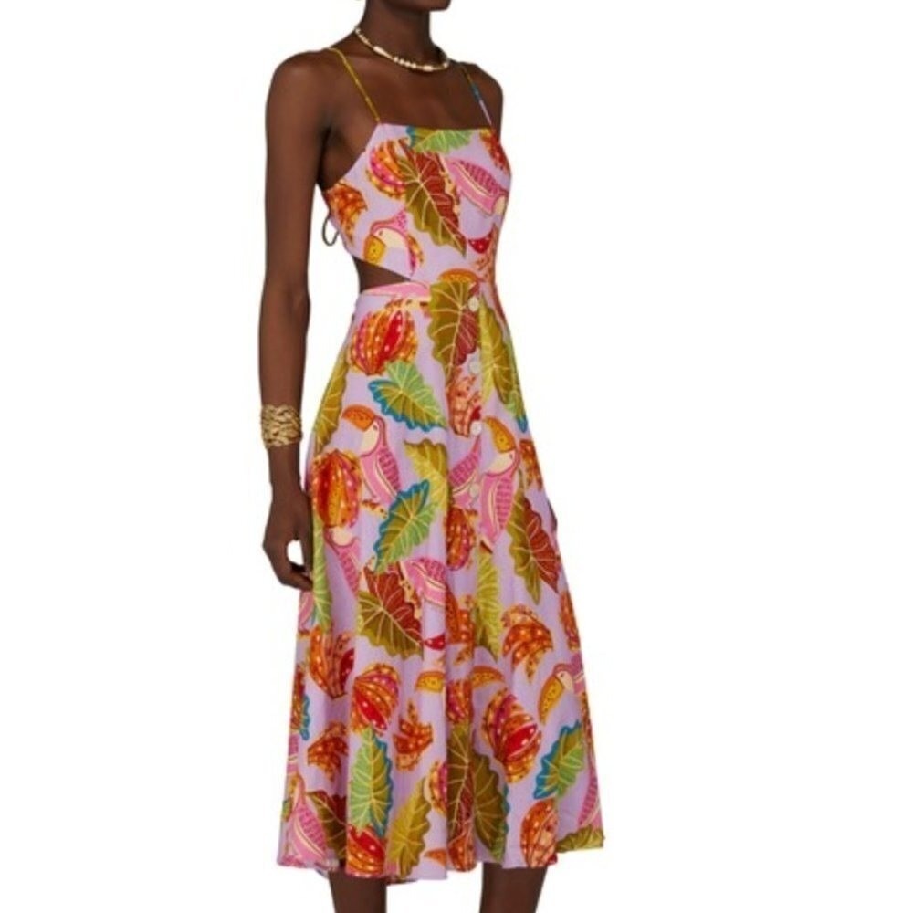 Farm Rio Lilac Beaks and Bananas Print Cutout Midi Dress Button Front Womens | M - Picture 2 of 16